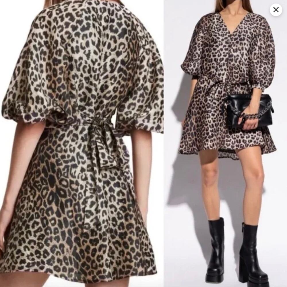 ALLSAINTS Ilora Leppo Linen Blend Mini Dress Womens Size 0 Leopard Animal Print